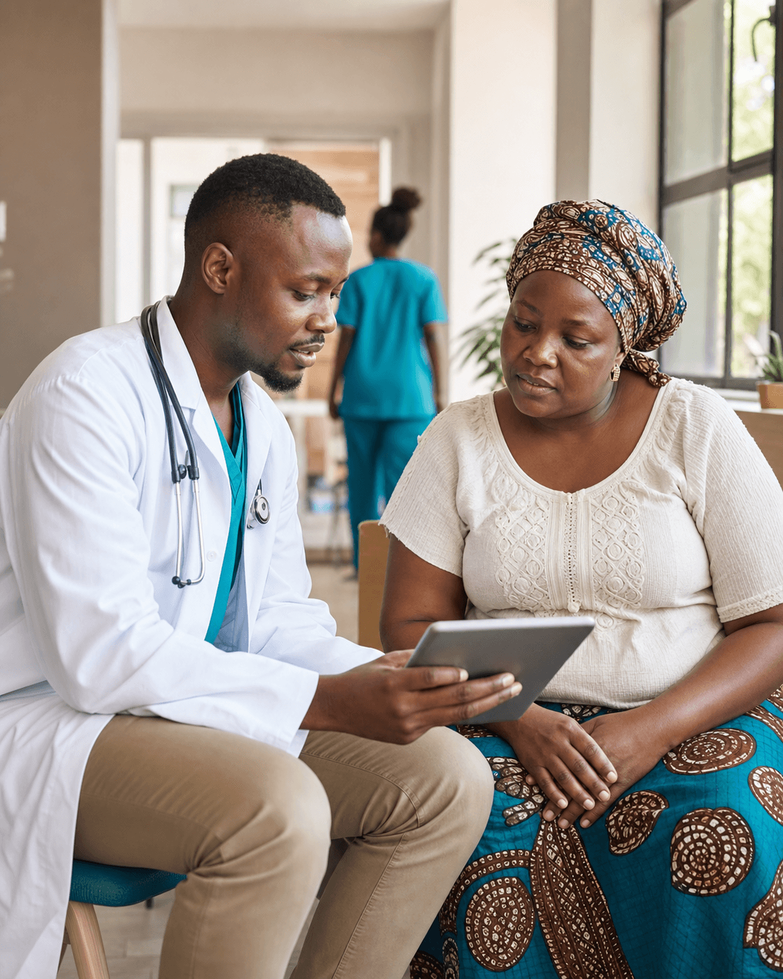 A healthcare professional guiding a patient through information on a tablet